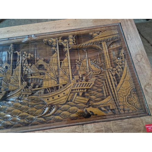 182 - Large Solid Wood Rectangular Coffee Table with Deep Ornate Carved Top with Chinese / Oriental Scene ... 