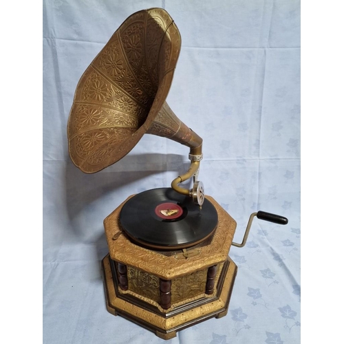 183 - Antique HMV (His Master Voice) Horn Gramophone with Decorative Octagonal Base, Manual Wind, * Basic ... 