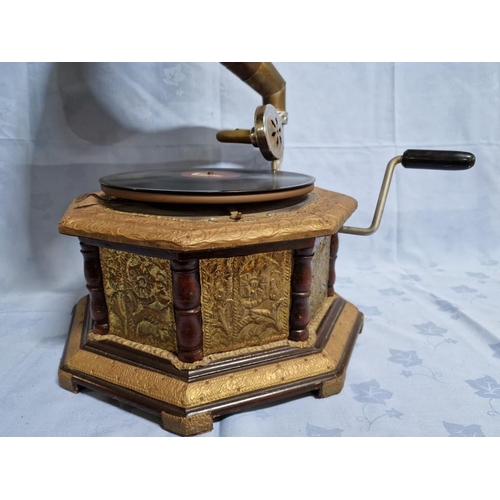 183 - Antique HMV (His Master Voice) Horn Gramophone with Decorative Octagonal Base, Manual Wind, * Basic ... 