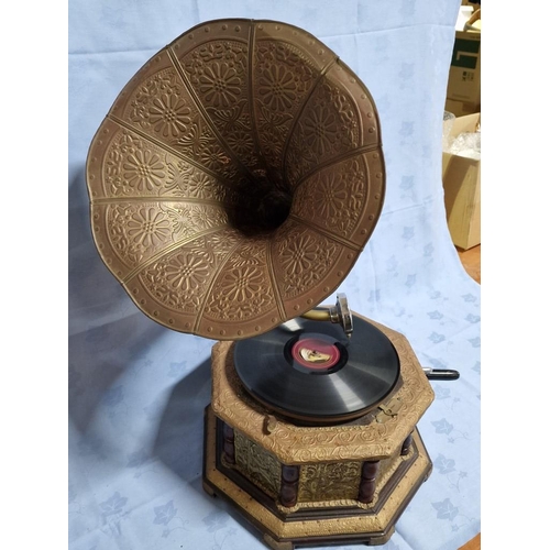 183 - Antique HMV (His Master Voice) Horn Gramophone with Decorative Octagonal Base, Manual Wind, * Basic ... 