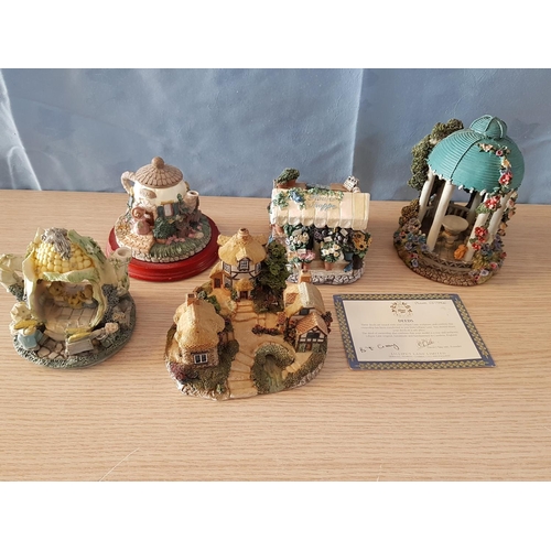 843 - Lilliput Style Sculptures; Flower Shop, Cottage House, Garden Bower and 2 x Teapots