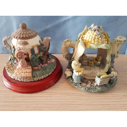 843 - Lilliput Style Sculptures; Flower Shop, Cottage House, Garden Bower and 2 x Teapots