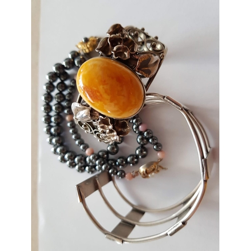 122 - Collection of Jewellery inc; White Metal Ornate Bracelet with Amber Metallic Beads, Necklace with Ma... 