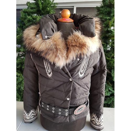 107 - Fashionably Puffer Ladies Jacket Embroidered Decor and Fur Coller Short with Decorative Belt, Size M... 