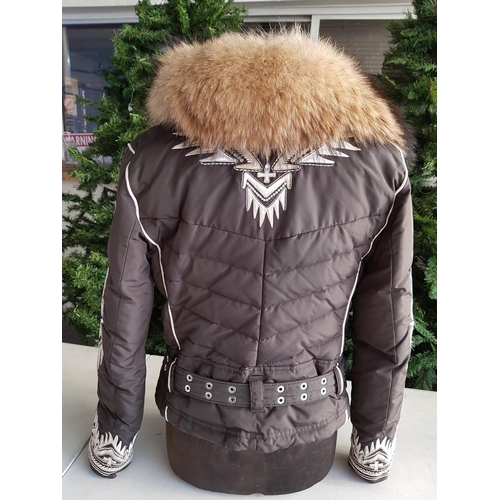 107 - Fashionably Puffer Ladies Jacket Embroidered Decor and Fur Coller Short with Decorative Belt, Size M... 