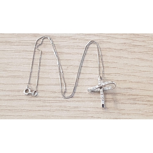 102 - Modern Shape White Gold (750/18cm) Cross Pendant with Chain (750 / 18ct, L:40cm) Total Weight 4gr