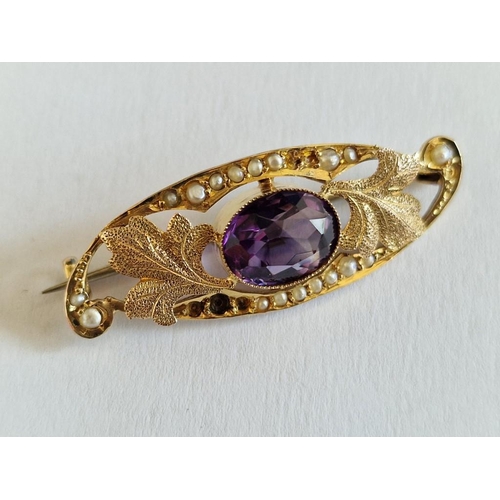 103 - Decorative 9ct Gold and Amethyst & Pearl Broach; Oval Cut Amethyst (Approx. 9.5 x 7.5mm) Set in 9ct ... 