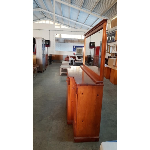 105 - Pine Sideboard / Buffet with 4-Drawers and 4-Cupboards and Large Mirror Above, (Approx. 184 x 50 x 9... 