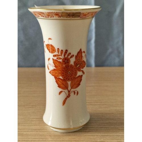 120 - Hungarian Herend Round Vase in White with Orange Floral Decoration and Gilt Rim