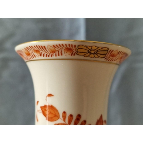 120 - Hungarian Herend Round Vase in White with Orange Floral Decoration and Gilt Rim