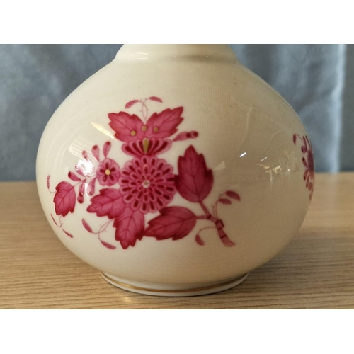 121 - Hungarian Herend Round Bulbous Thin Necked Vase in White with Red Floral Decoration and Gilt Rim, (A... 