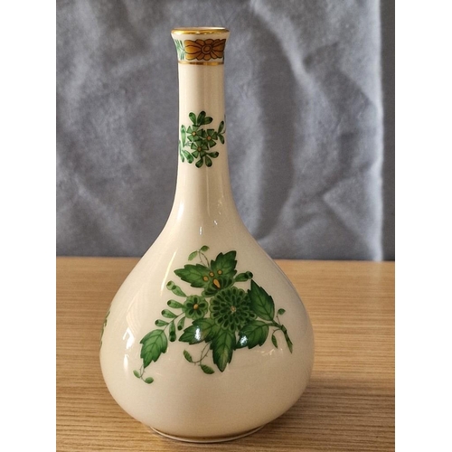 122 - Hungarian Herend Round Bulbous Thin Necked Vase in White with Green Floral Decoration and Gilt Rim, ... 