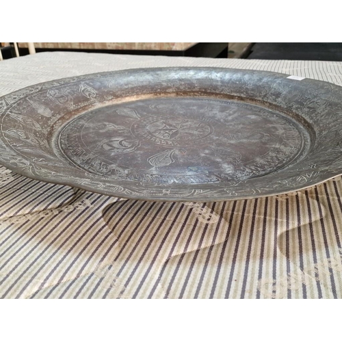 132 - Large Syrian Nomadic Round Copper Tray / Plate, with Hand Engraving (Approx. Ø: 70cm)