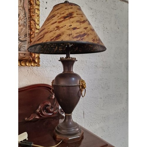 134 - Hand Made Table / Side Lamp with Baluster Shape Metal Base with Lion Handles and Patterned Shade, Ma... 