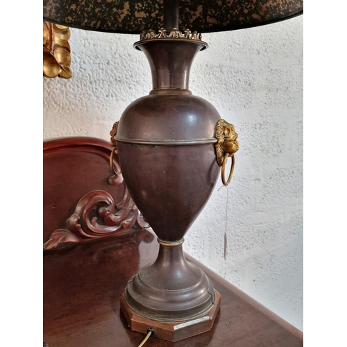 134 - Hand Made Table / Side Lamp with Baluster Shape Metal Base with Lion Handles and Patterned Shade, Ma... 