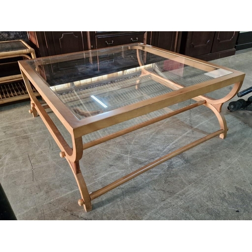 137 - Large Square Solid Wood Coffee Table with Shaped Legs, Inset Glass Top and Lower Shelf (Approx. 105 ... 