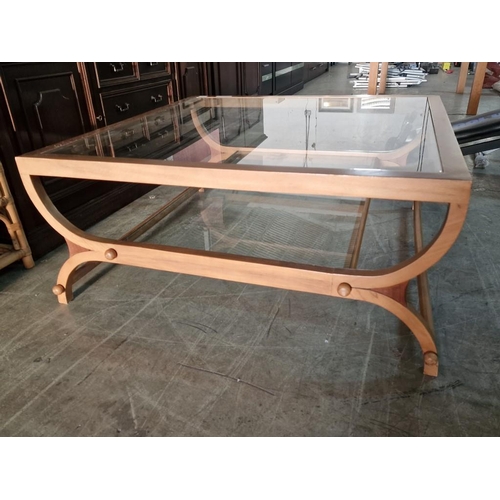 137 - Large Square Solid Wood Coffee Table with Shaped Legs, Inset Glass Top and Lower Shelf (Approx. 105 ... 