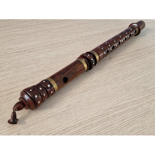 182 - Turned Wood Item (Possibly Part of Musical Instrument?) with Inlaid Mother-of-Pearl Effect and Brass... 