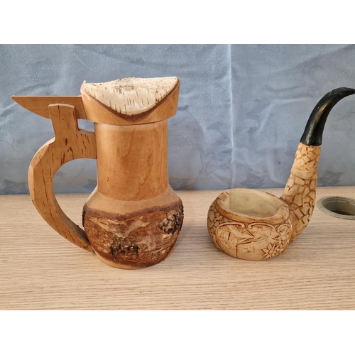 186 - Silver Birch Wood Beer Stein, Together with Alabaster Style Pipe Shaped Ashtray, (2)