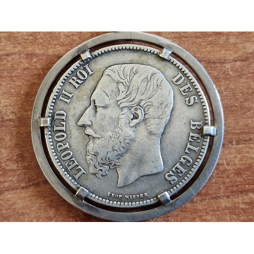 196 - Belgium 1873 5 Francs Silver Coin, Léopold II Small Head, (.900 Silver, 37mm) Mounted in White Metal... 