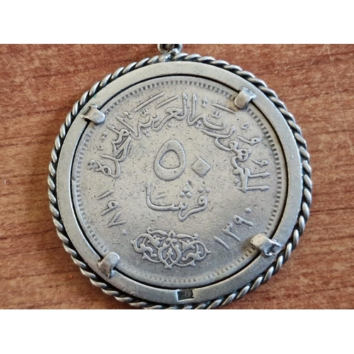 197 - Egypt 1970 50 Piastres Silver Coin, President Nasser, (.720 Silver, 33mm) Mounted in White Metal Key... 