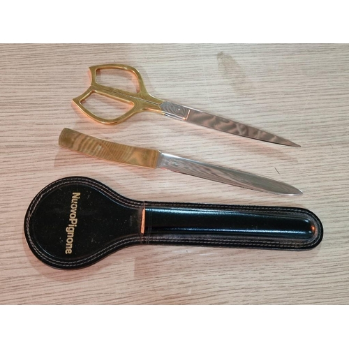 200 - Desk Set of Matching Letter Opener and Scissors in Leather Holder