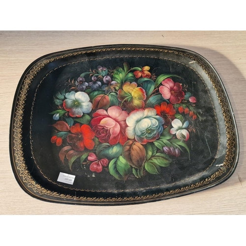 220 - Antique Russian Hand Painted Metal Tray with Flower Decoration, (Approx. 59 x 46cm)