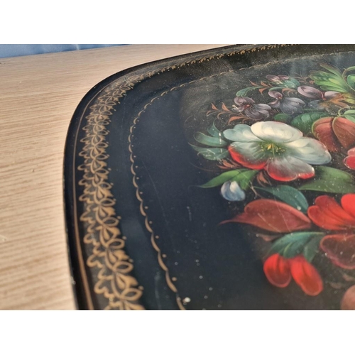 220 - Antique Russian Hand Painted Metal Tray with Flower Decoration, (Approx. 59 x 46cm)