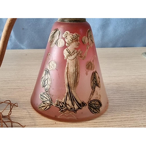 45 - Antique Cranberry Glass Perfume Atomizer with Hand Painted Figure & Leaves, (Approx. H: 15cm), (Nb. ... 