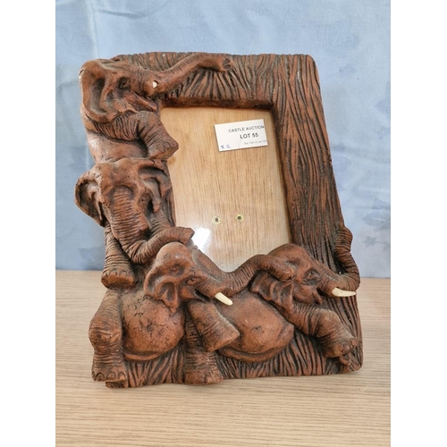 55 - Carved Wood Elephant Ornament, Together with Picture Frame with Elephant Surround, (2)