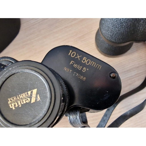 65 - 2 x Pairs of Binoculars; Prinz 10x50mm with Case and Zenith Tempest 10x50mm in Case, (2)