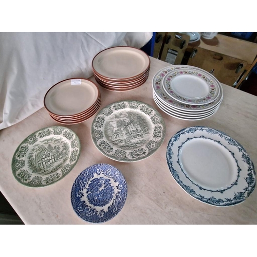 213 - Collection of Vintage Plates, Incl. Traditional English Green & White and Blue & White Cottage Style... 