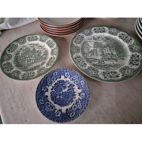 213 - Collection of Vintage Plates, Incl. Traditional English Green & White and Blue & White Cottage Style... 