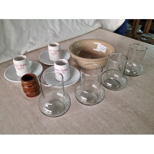 214 - 4 x Vintage Medicine Glasses, Together with 3 x 'Three Ships' Miniature Porcelain Whiskey Mugs, Sauc... 