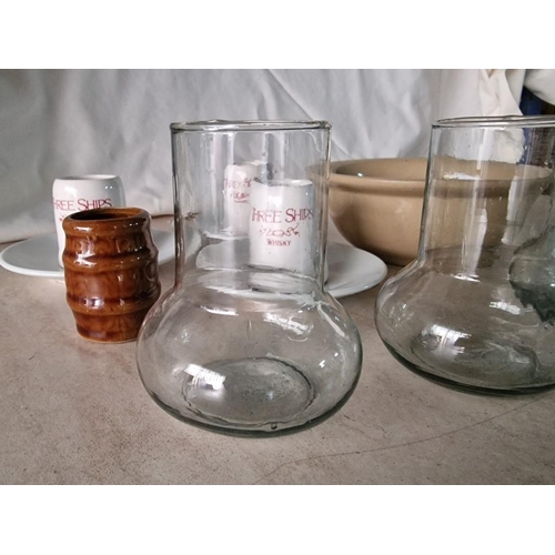 214 - 4 x Vintage Medicine Glasses, Together with 3 x 'Three Ships' Miniature Porcelain Whiskey Mugs, Sauc... 