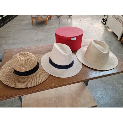 163 - 3 x Straw Hats and a Round Red (Small) Hat Box