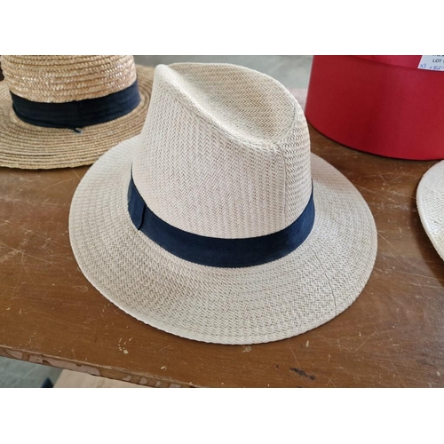 163 - 3 x Straw Hats and a Round Red (Small) Hat Box