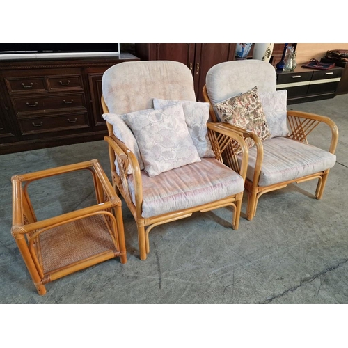 165 - Pair of Bamboo Armchairs with Seat & Back Cushions, Together with Square Side Table (Missing Glass T... 