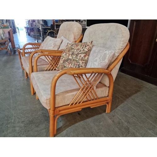 165 - Pair of Bamboo Armchairs with Seat & Back Cushions, Together with Square Side Table (Missing Glass T... 