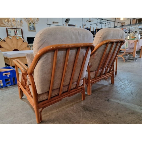 165 - Pair of Bamboo Armchairs with Seat & Back Cushions, Together with Square Side Table (Missing Glass T... 