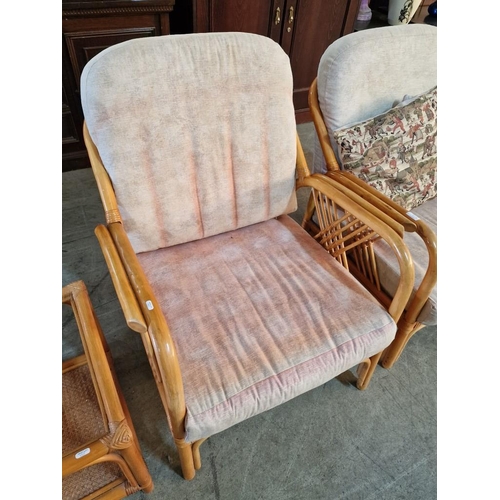 165 - Pair of Bamboo Armchairs with Seat & Back Cushions, Together with Square Side Table (Missing Glass T... 