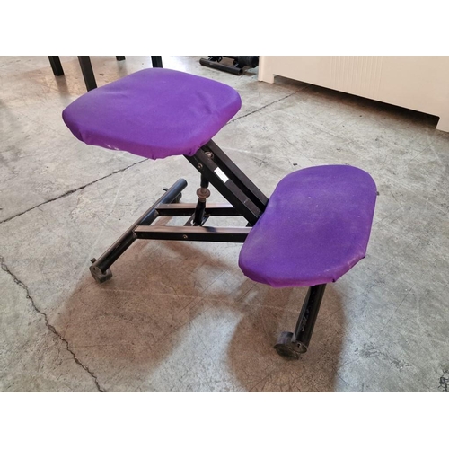 204 - Ergonomic Stool, Black Colour Metal Frame with Padded Purple Fabric Seat and Knee Rests, Adjustable ... 