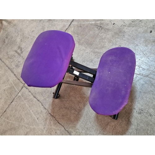 204 - Ergonomic Stool, Black Colour Metal Frame with Padded Purple Fabric Seat and Knee Rests, Adjustable ... 