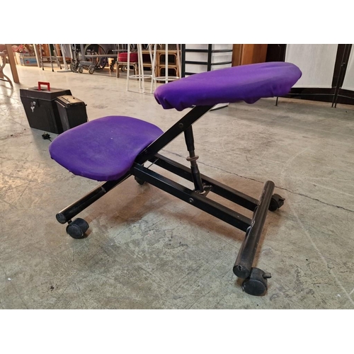 204 - Ergonomic Stool, Black Colour Metal Frame with Padded Purple Fabric Seat and Knee Rests, Adjustable ... 