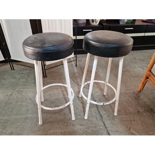 206 - Pair of Bar Stools; White Metal Frame / Base with Black Leatherette Padded Seat, (2)