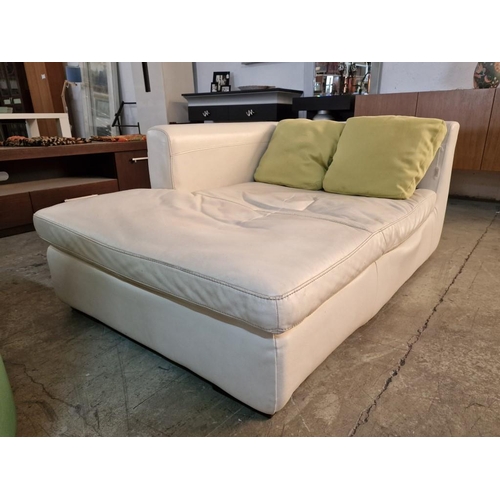 212 - Cream Colour Leatherette Corner Sofa / Chaise Lounge with 2 x Pale Green Colour Cushions