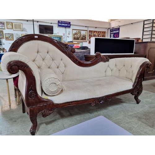 138 - Impressive Classical Style 2-Seat Sofa with Cream Button Back Fabric, Scroll Arms and Shaped Carved ... 