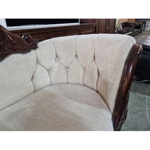 138 - Impressive Classical Style 2-Seat Sofa with Cream Button Back Fabric, Scroll Arms and Shaped Carved ... 