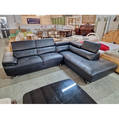 139 - Designer Black Leatherette 2-Part 'L' Shaped Corner Sofa with Chaise Lounge Right Side, 3 Separate A... 