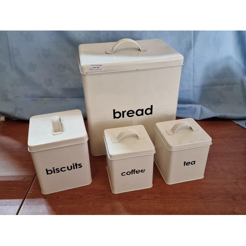 157 - Set of 4 x Cream Colour Metal Kitchen Storage Tins; Bread, Biscuits, Tea and Coffee, (4)